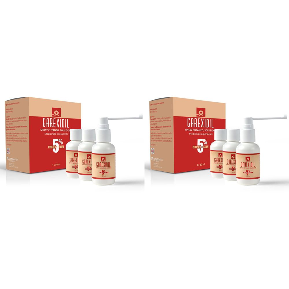 Due confezioni CAREXIDIL 5% Spray Cutaneo. Ogni confezione include una scatola e più flaconi con erogatore spray.