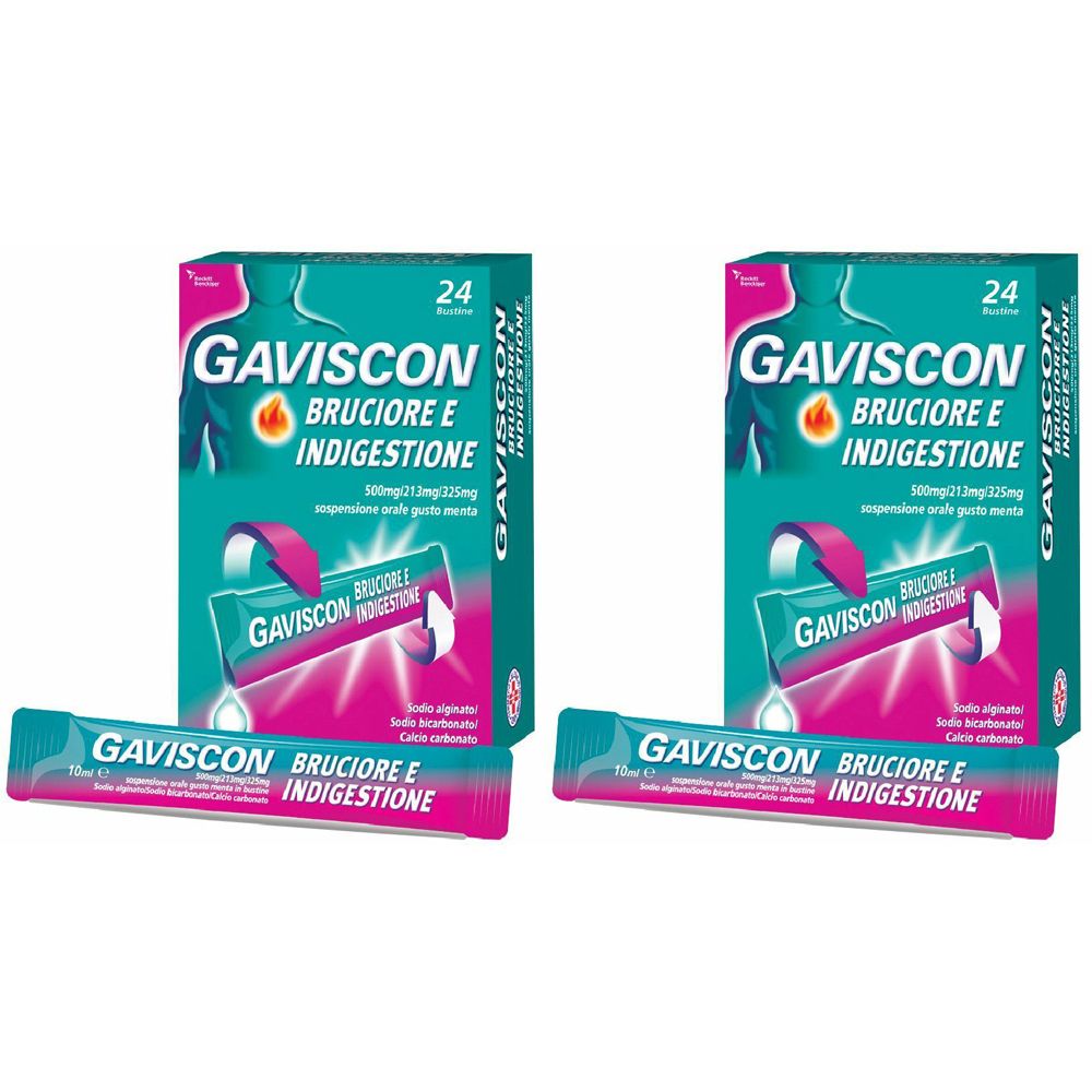 Due confezioni di Gaviscon Bruciore e Indigestione e due bustine. Scritte in italiano su sfondo turchese e rosa.