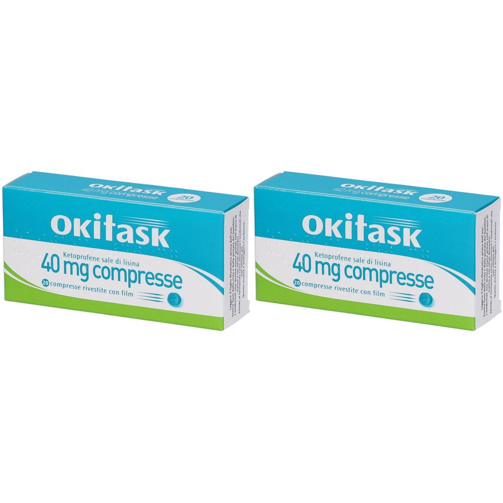 Due confezioni di "Okitask 40 mg compresse". Scritte in italiano su sfondo blu e bianco. Compresse rivestite.