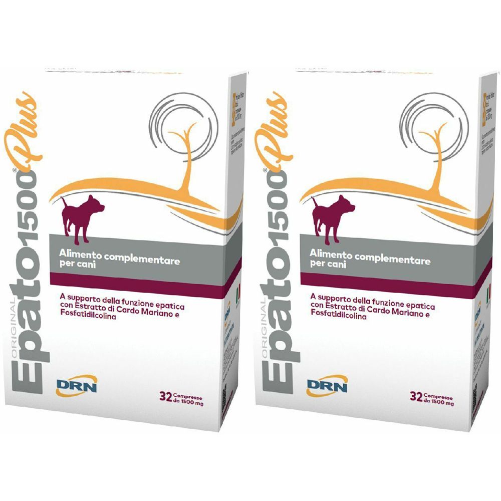 Due confezioni di DRN Epato 1500 Plus per cani. Confezione bianca con nome del prodotto, sagoma di cane e testo. 32 compresse.
