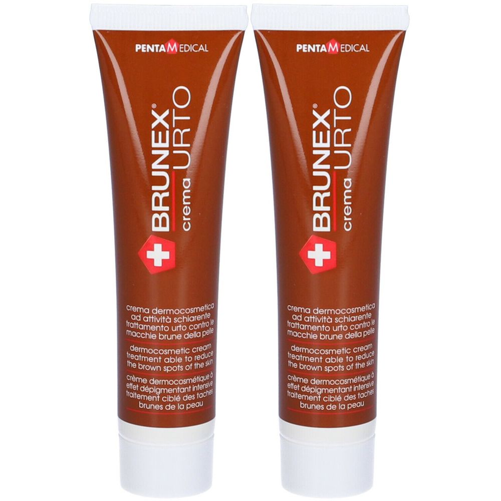 Due tubi di crema. Ogni tubo riporta "BRUNEX URTO crema". Logo: croce rossa. Produttore: PENTA MEDICAL.