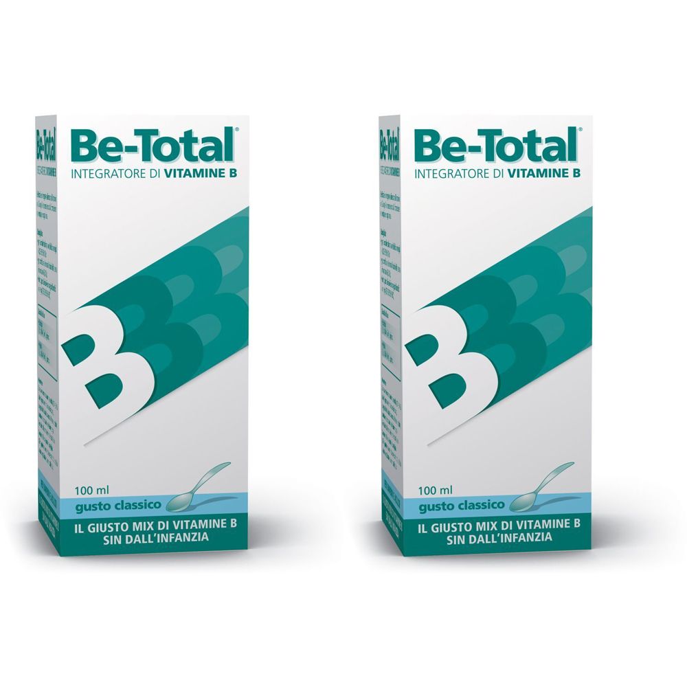 Due scatole bianche "Be-Total" con logo e simbolo "B". Testo: "Integratore di Vitamine B".