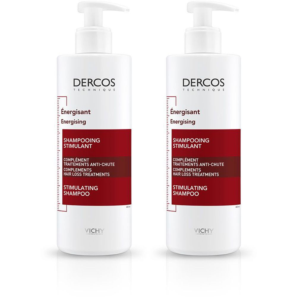 Due flaconi bianchi con dosatore. Su sfondo rosso, "Dercos Technique Energisant Stimulating Shampoo". Marchio: Vichy.