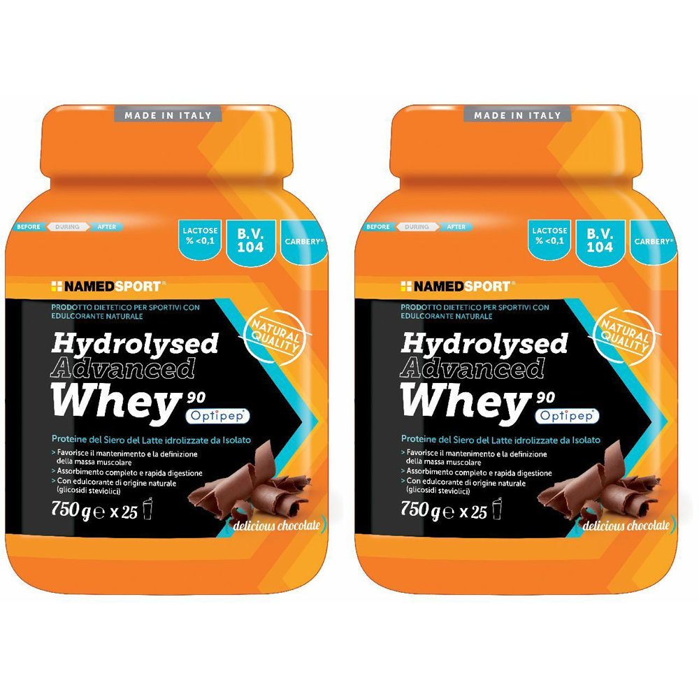 Due barattoli arancioni con "Hydrolysed Advanced Whey 90". Contiene 750g. Logo "NAMED SPORT" e scritta "Made in Italy".
