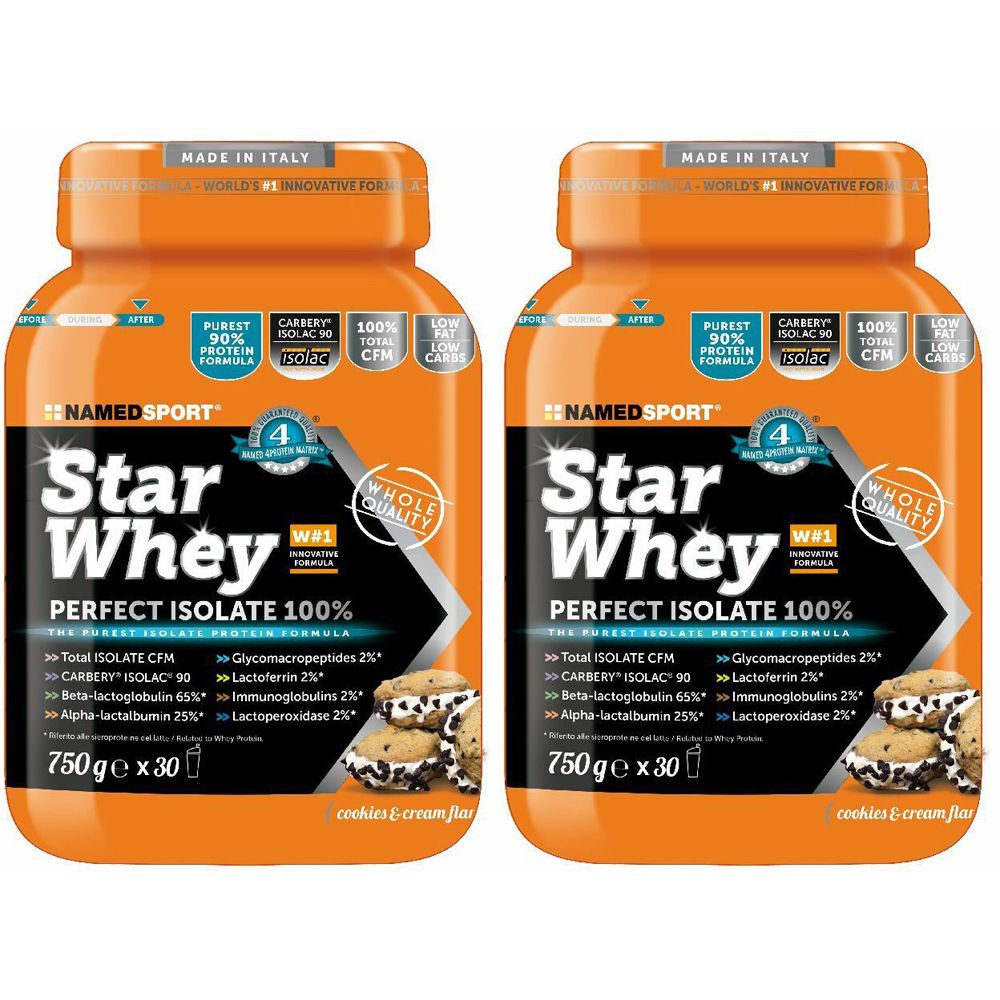 Due barattoli arancioni con la scritta Star Whey. Scritta: PERFECT ISOLATE 100%. Contiene 750g x 30. Cookies & Cream.