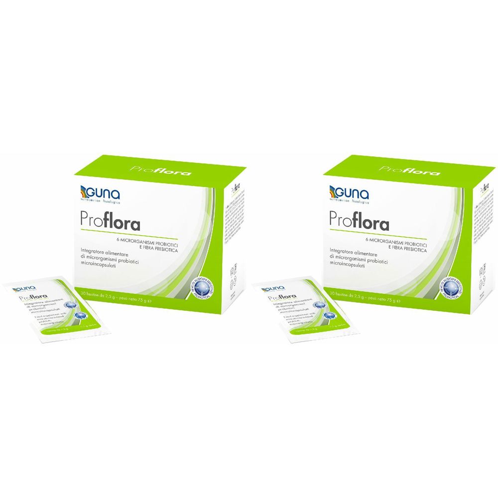 Due scatole verdi e due bustine. Sulle scatole, la scritta "Proflora" e "GUNA". Sulle bustine, la scritta "Proflora".