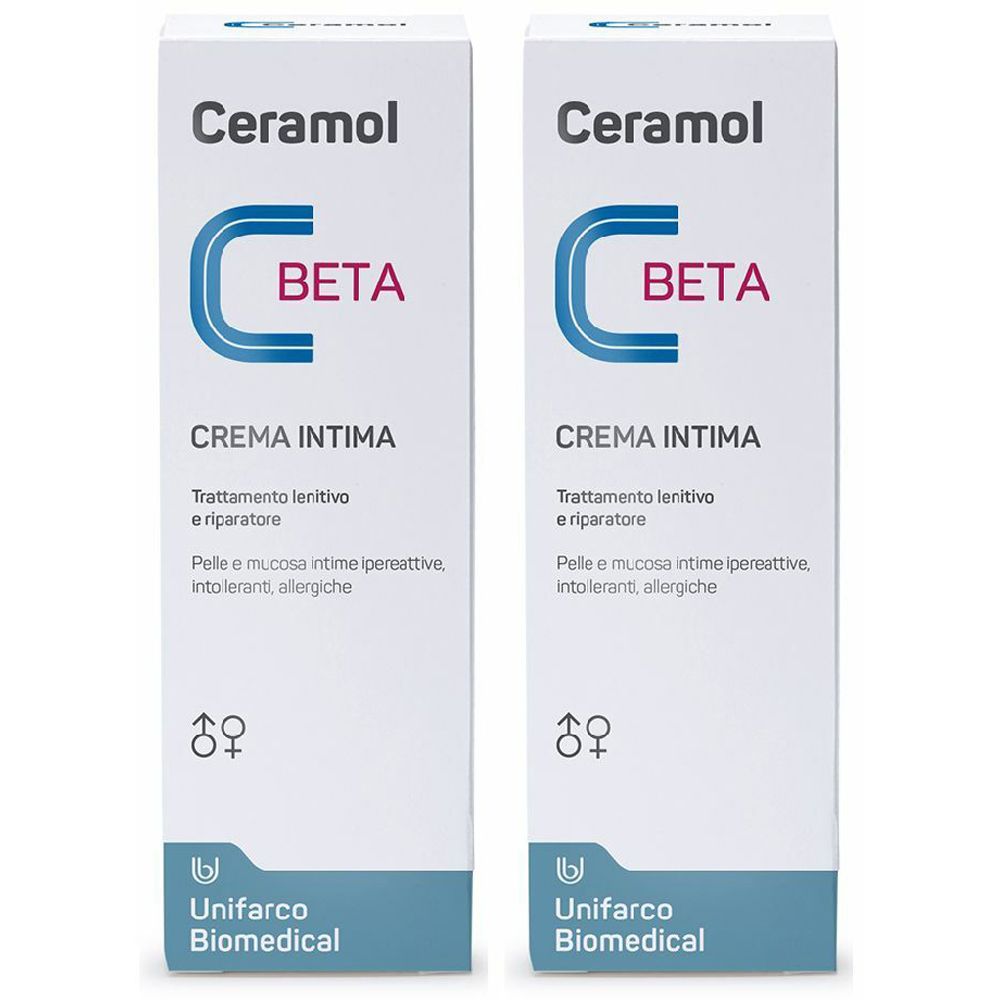 Due scatole bianche con nome Ceramol, C Beta e testo. Sotto, Unifarco Biomedical.