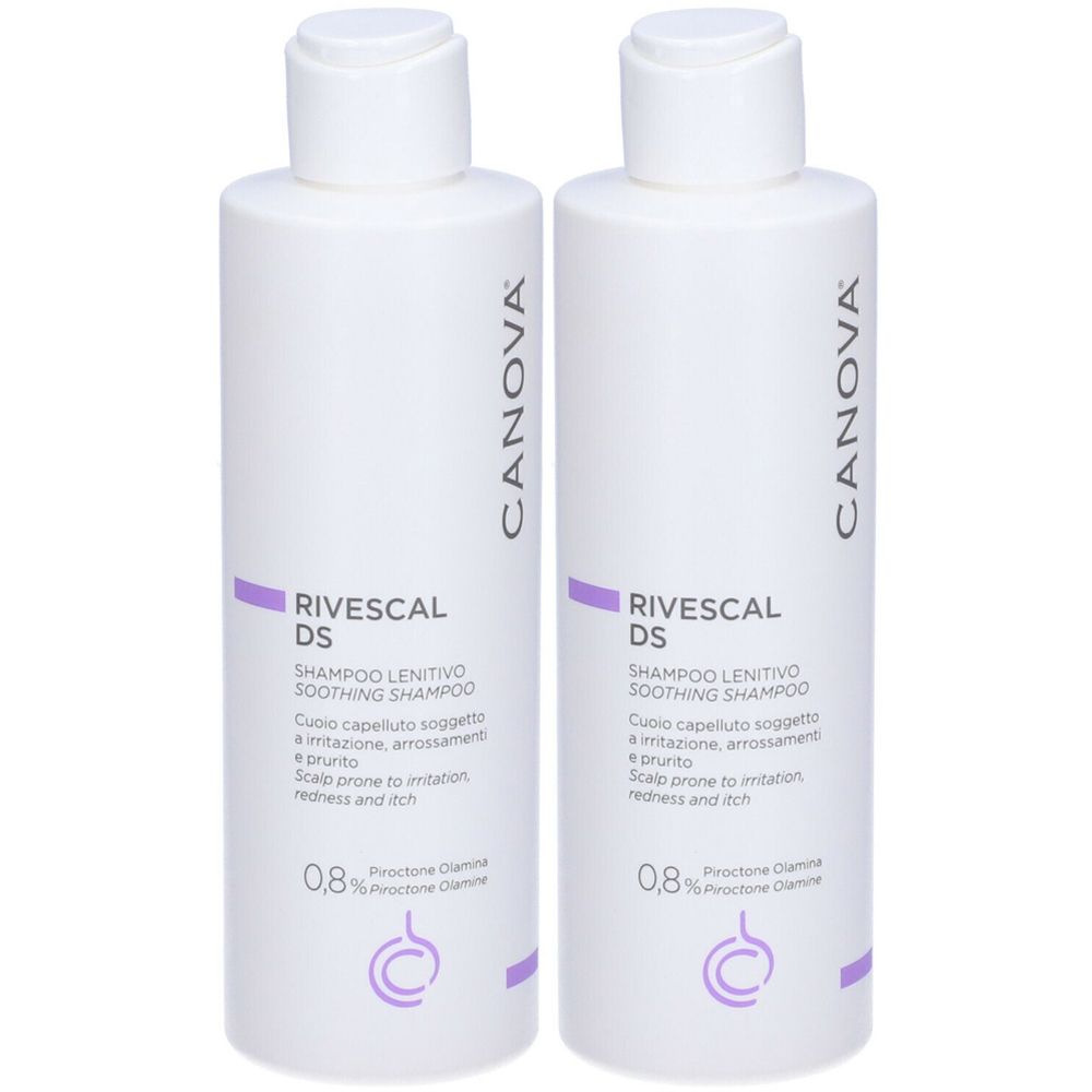 Due flaconi bianchi CANOVA RIVESCAL DS. Shampoo lenitivo, 0,8% Piroctone Olamine. Per cute irritata, arrossamenti e prurito.