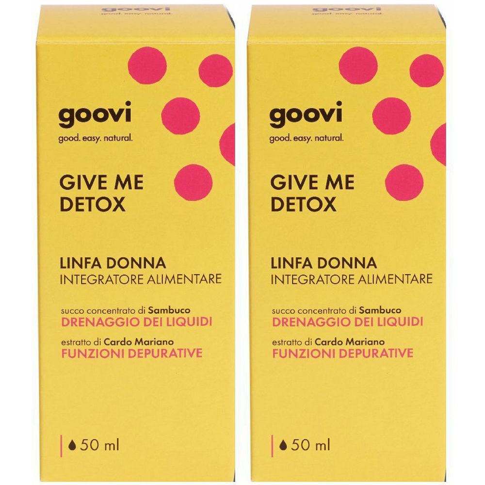 Due scatole gialle con informazioni sul prodotto. Scritta: Goovi, Give Me Detox, Linfa Donna, Integratore Alimentare. 50 ml.