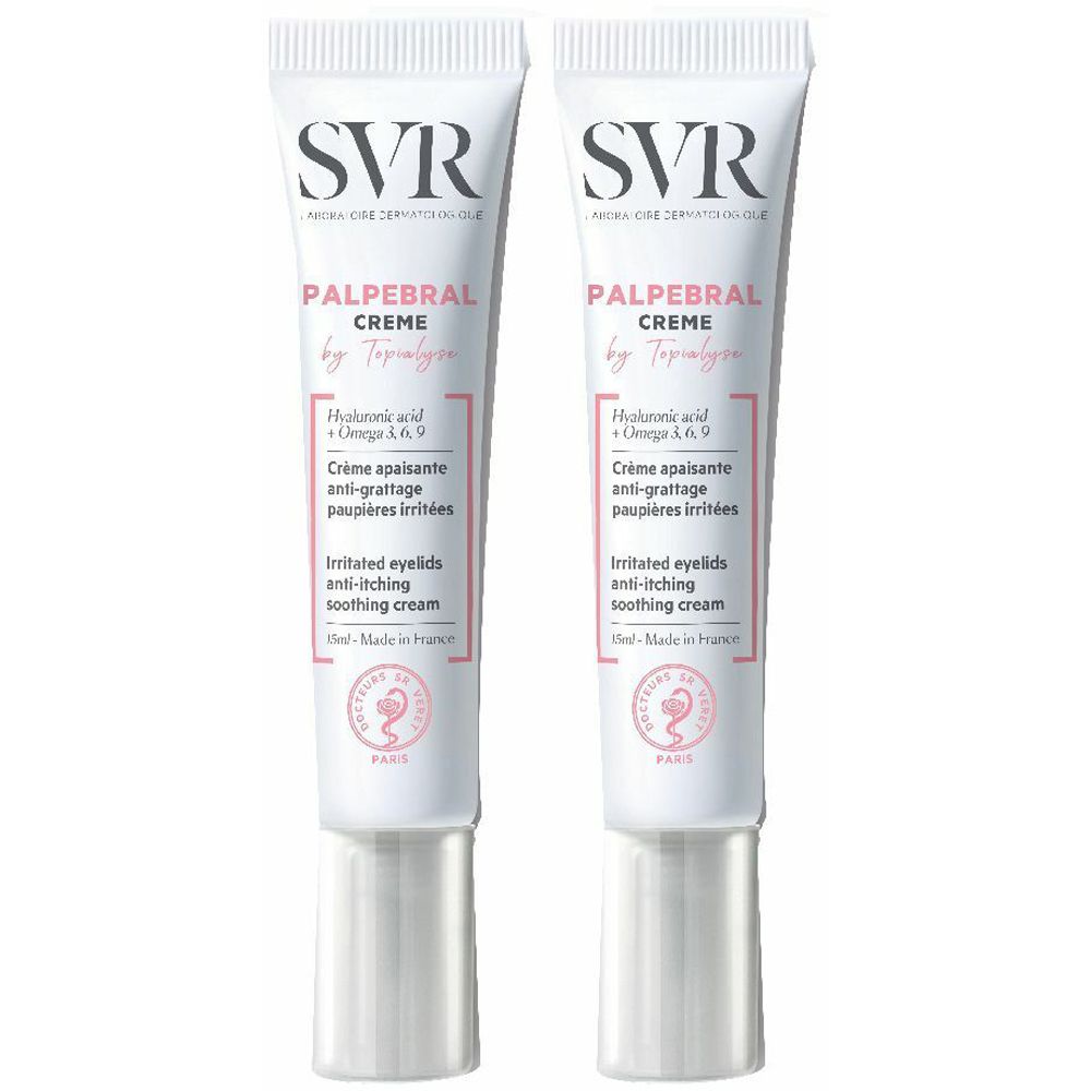 Due tubi di crema per occhi. Scritta: SVR, Palpébral Crème, by Topialyse. Testo in francese e inglese.