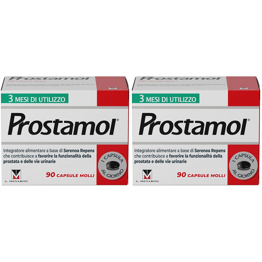 Due confezioni di Prostamol. Confezione bianca e rossa con nome e testo del prodotto. Contiene 90 capsule.
