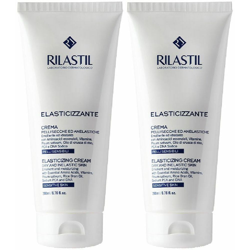 Due tubi bianchi. Scritta: Rilastil, Elasticizzante Crema, per pelli secche e anelastiche. Pelle sensibile. Contenuto visibile.