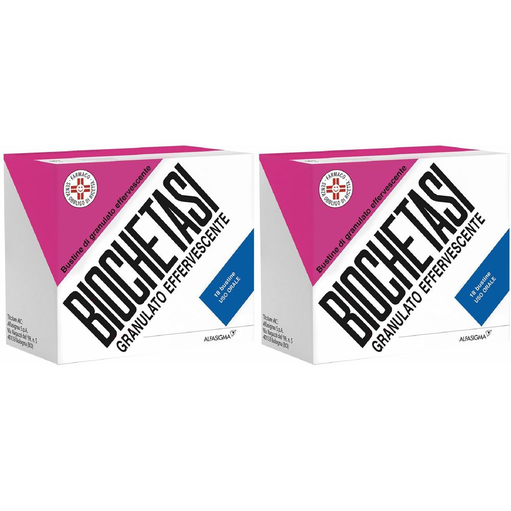 Due confezioni di BIOCHETASI Granulato Effervescente. Design con dettagli rosa e blu su sfondo bianco.