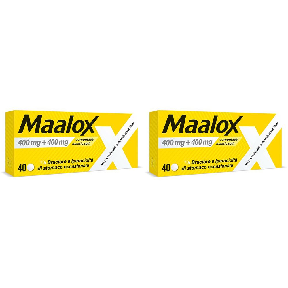 Due scatole gialle Maalox. Su ogni scatola, scritta "400 mg + 400 mg" e "40 compresse".