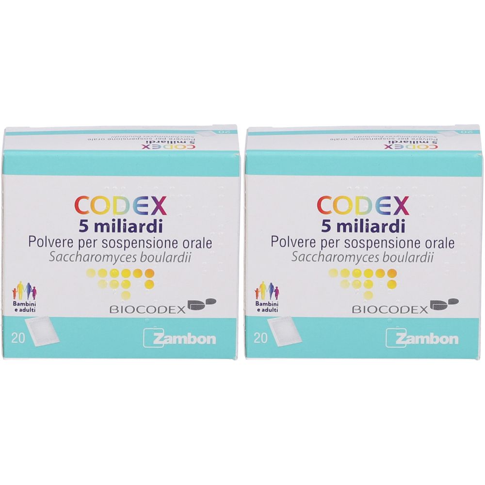 Due confezioni di CODEX 5 miliardi, polvere per sospensione orale. Marchio BIOCODEX, Zambon. Contiene 20 bustine.