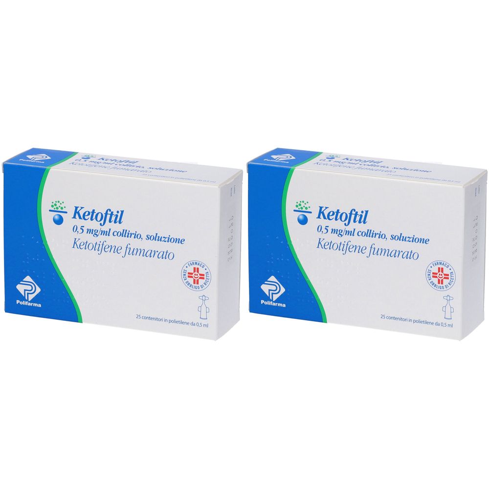 Due scatole bianche con testo blu. Nome Ketoftil, 0,5 mg/ml collirio, soluzione, Ketotifene fumarato.