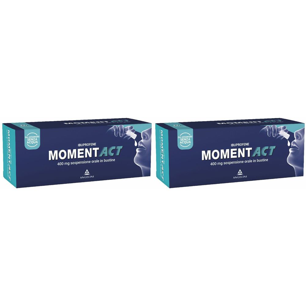 Due confezioni MomentAct. Confezione blu con testo bianco. Scritto: MomentAct, 400 mg sospensione orale.
