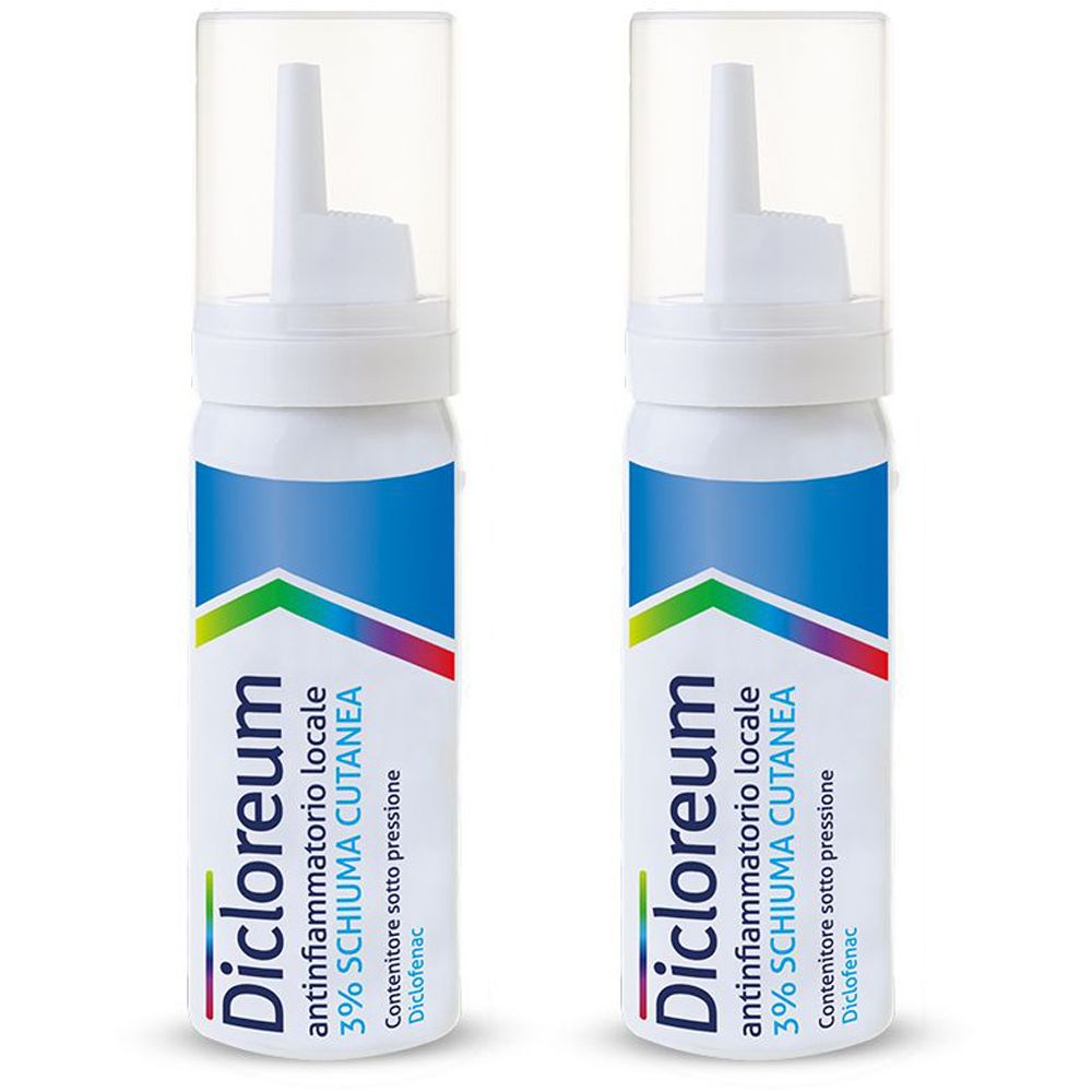 Due flaconi spray con testa bianca ed etichetta blu e bianca. Scritta: Dicloreum, 3% SCHIUMA CUTANEA.