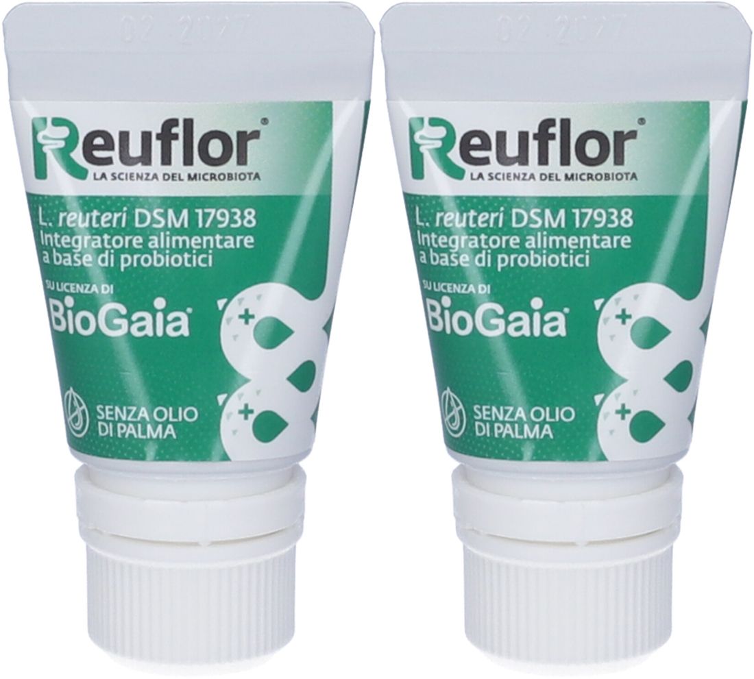 Due tubi di Reuflor. Confezione verde e bianca. Testo: L. reuteri DSM 17938, Integratore alimentare a base di probiotici, BioGaia, senza olio di palma.
