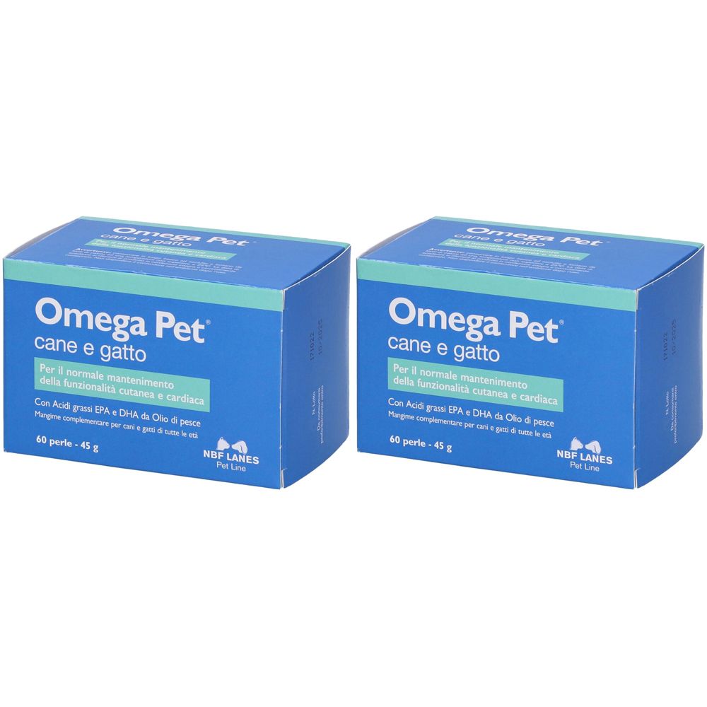 Due scatole blu con "Omega Pet cane e gatto". Testo: "Per il normale mantenimento della funzionalità cutanea e cardiaca". Marchio NBF Lanes.