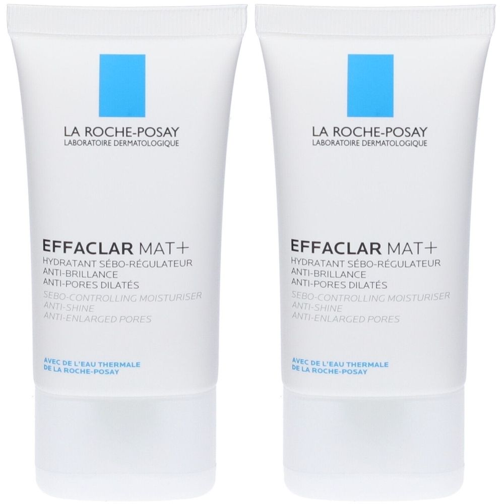 Due tubi bianchi con loghi blu e testo. Scritta: La Roche-Posay, Effaclar Mat+.
