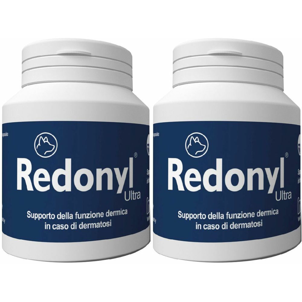 Due flaconi bianchi con etichetta blu. Scritta Redonyl Ultra. Testo: Supporto della funzione dermica in caso di dermatosi.