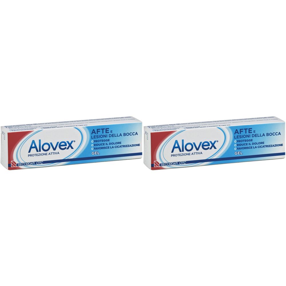 Due tubi di gel Alovex. Confezione bianca con design rosso e blu. Scritta: Alovex, AFTE e lesioni della bocca, Gel.