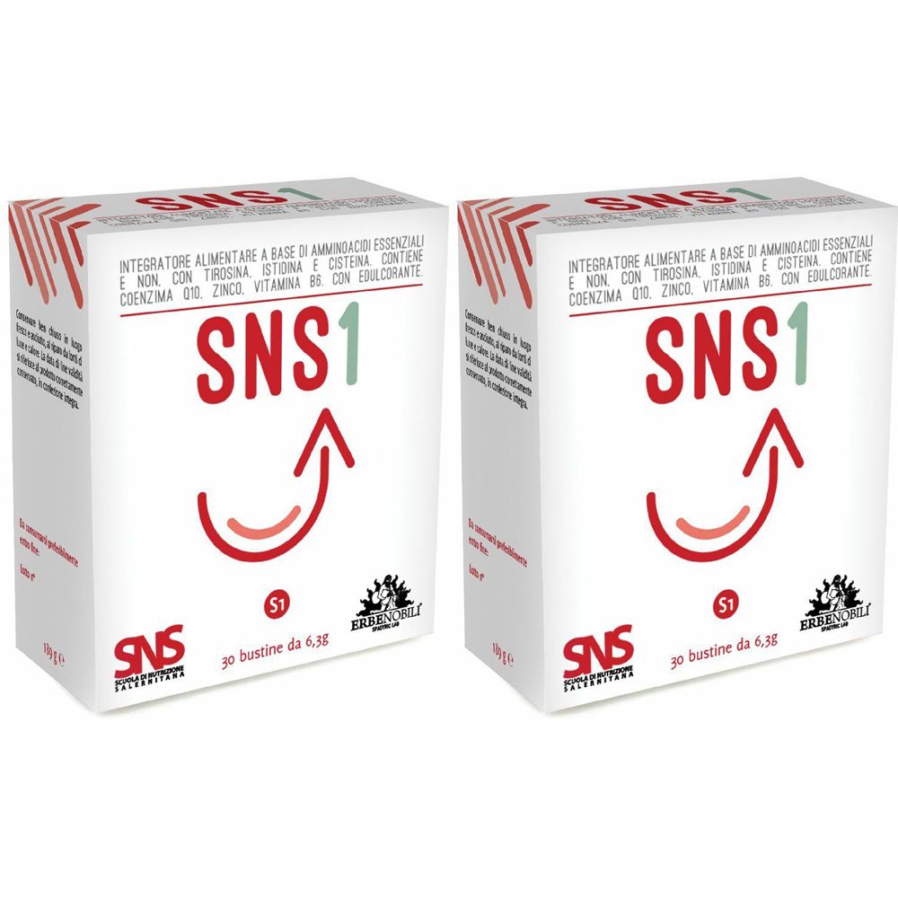 Due scatole bianche con testo rosso e verde SNS1. Testo: Integratore Alimentare. 30 bustine da 6,5g. Marchio: ERBENOBILI.