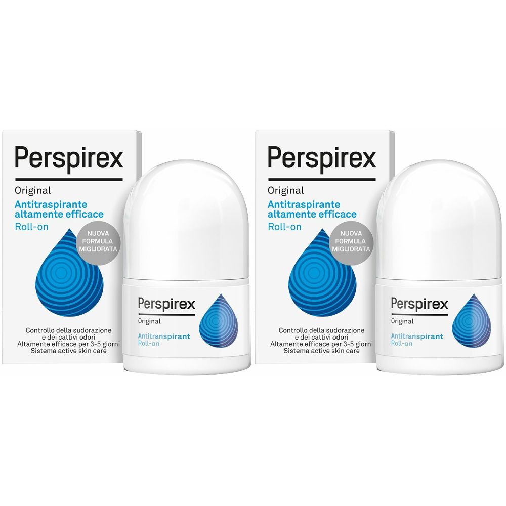 Due deodoranti roll-on e confezioni. Bianchi, con design a goccia blu. Scritta: Perspirex, Original, Antitraspirante.