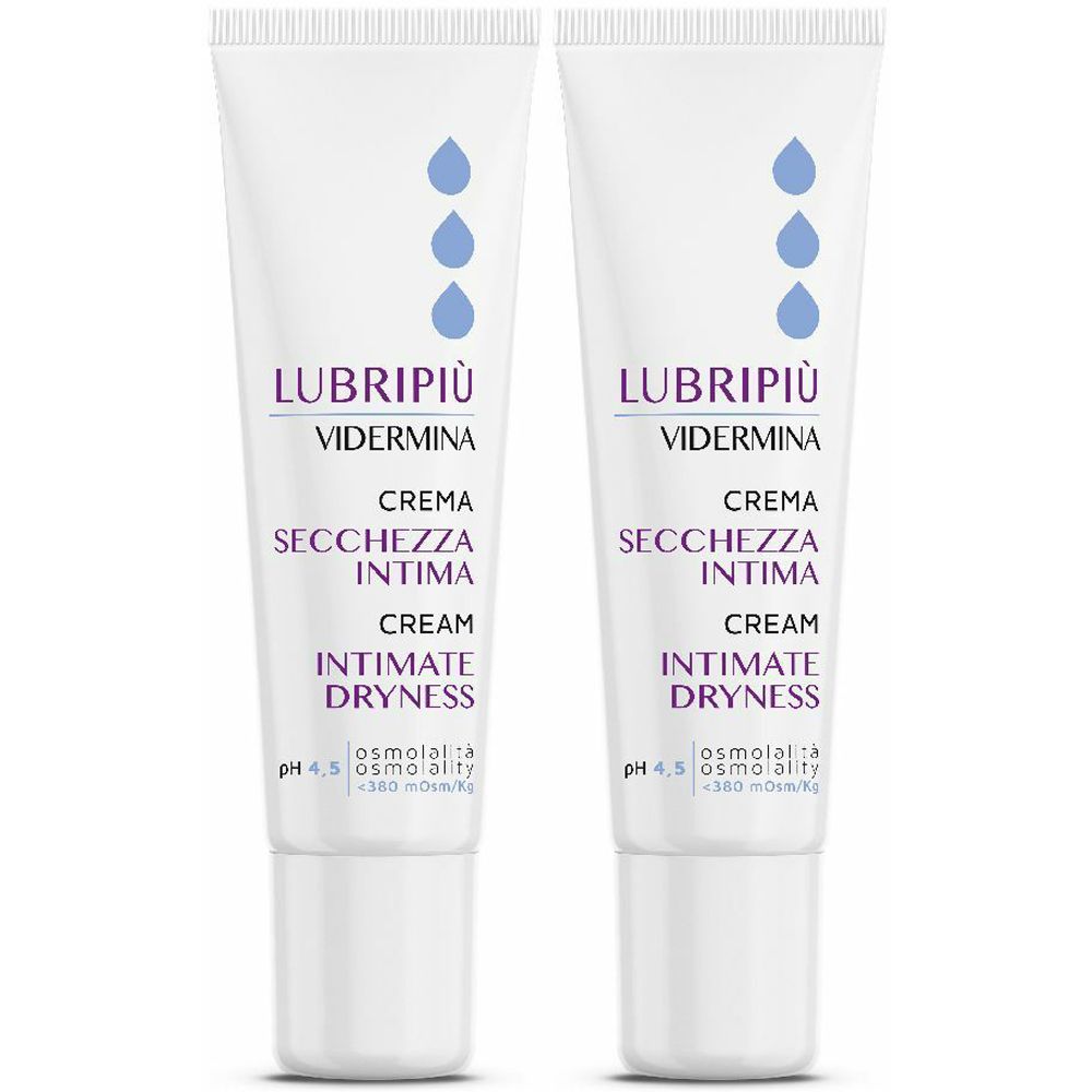 Due tubi bianchi. Su ogni tubo, si legge "LUBRIPIÙ", "VIDERMINA", "CREMA SECCHEZZA INTIMA", "CREAM INTIMATE DRYNESS".
