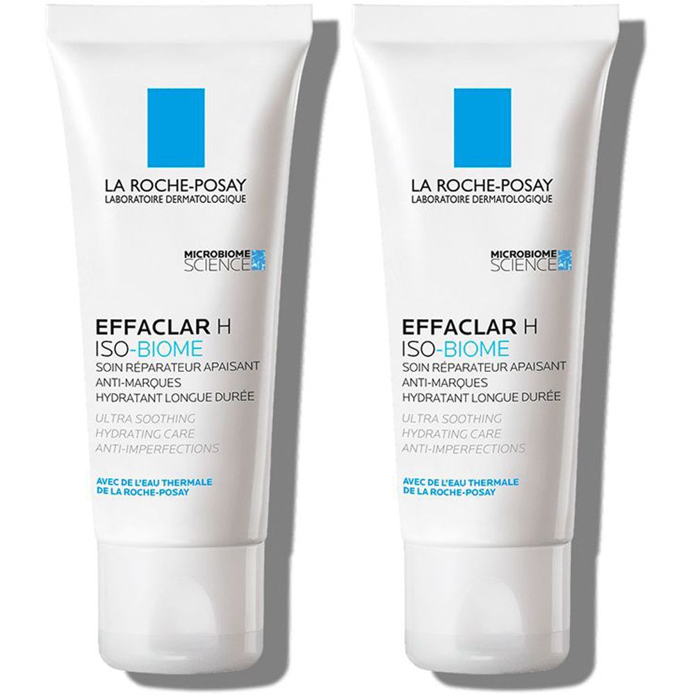 Due tubi bianchi con testo blu. Scritta: La Roche-Posay, Effaclar H Iso-Biome. Nomi dei prodotti e testo in francese.