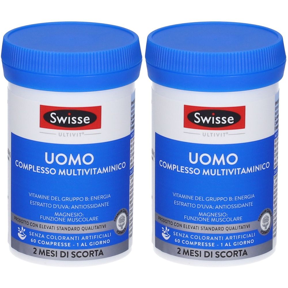 Due contenitori bianchi con coperchi blu. Scritta: Swisse Uomo Complesso Multivitaminico. Contiene vitamine, magnesio. 2 mesi di scorta.