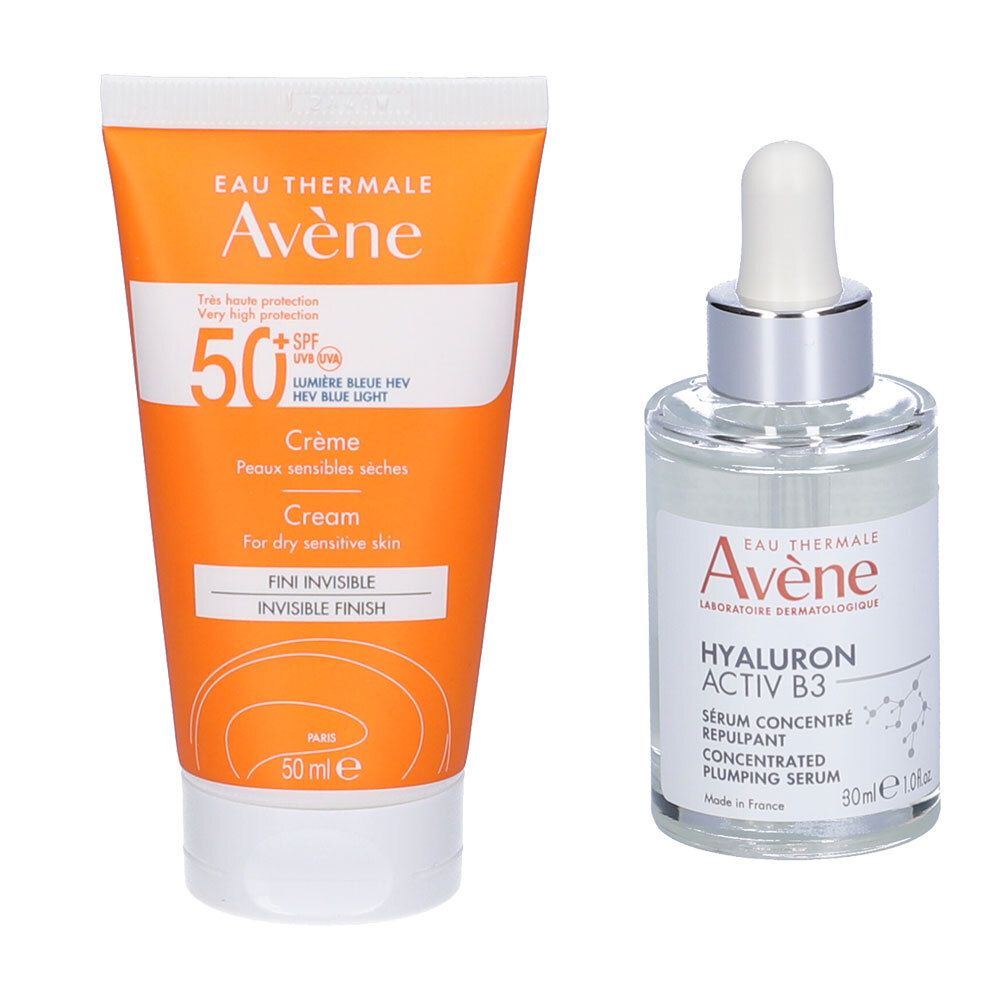 Avène Set Crema SPF 50+ Solare Viso + Eau Thermale HYALURON ACTIV B3 Siero concentrato rimpolpante antirughe