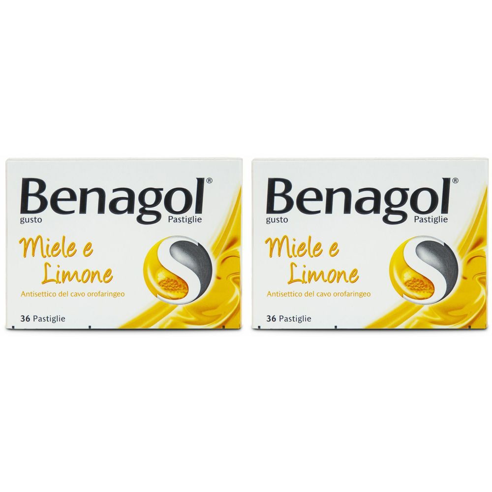 Due confezioni di "Benagol" gusto Miele e Limone. Ogni confezione contiene 36 pastiglie. Logo e testo in italiano.