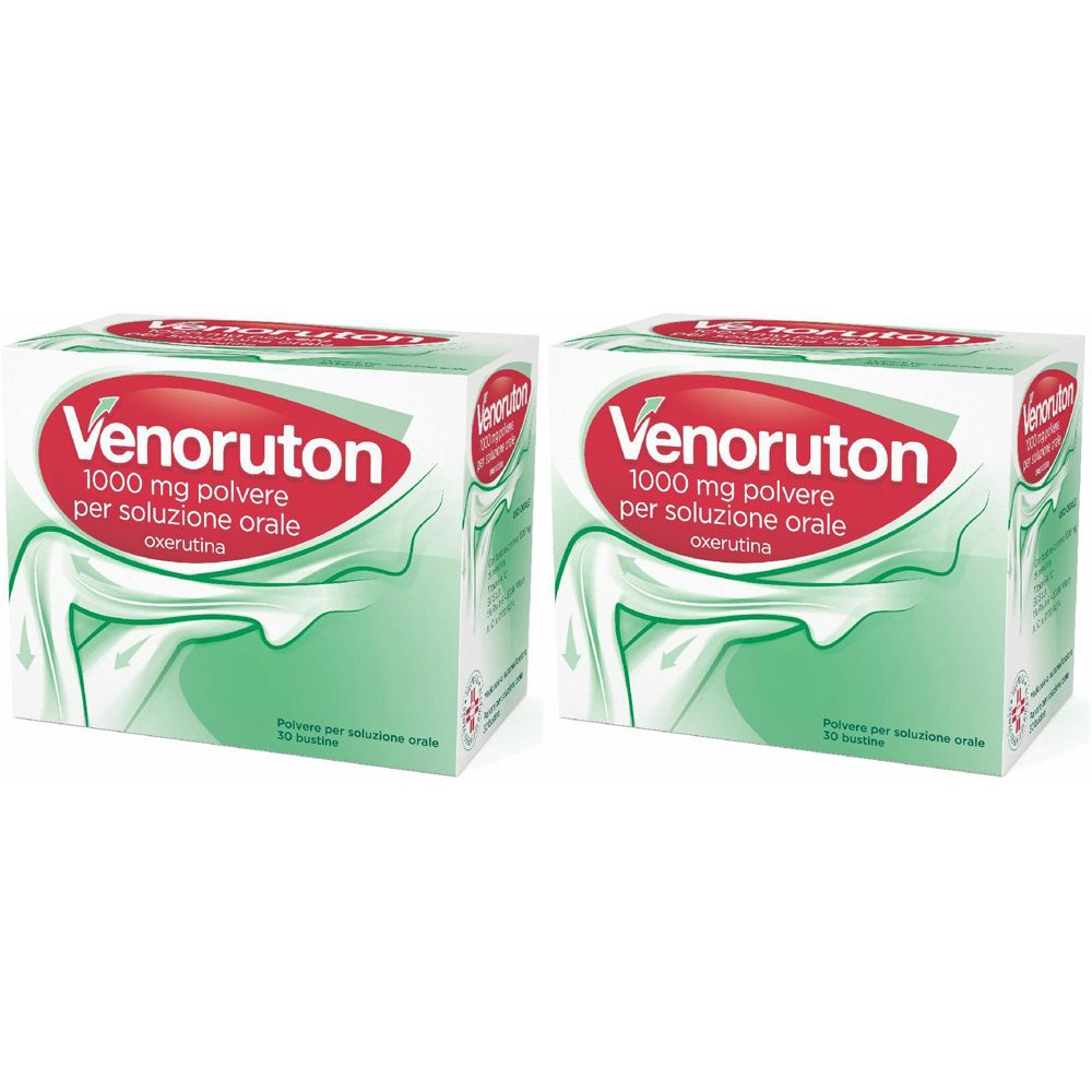 Due confezioni di Venoruton. Scritta: 1000 mg polvere per soluzione orale, oxerutina.