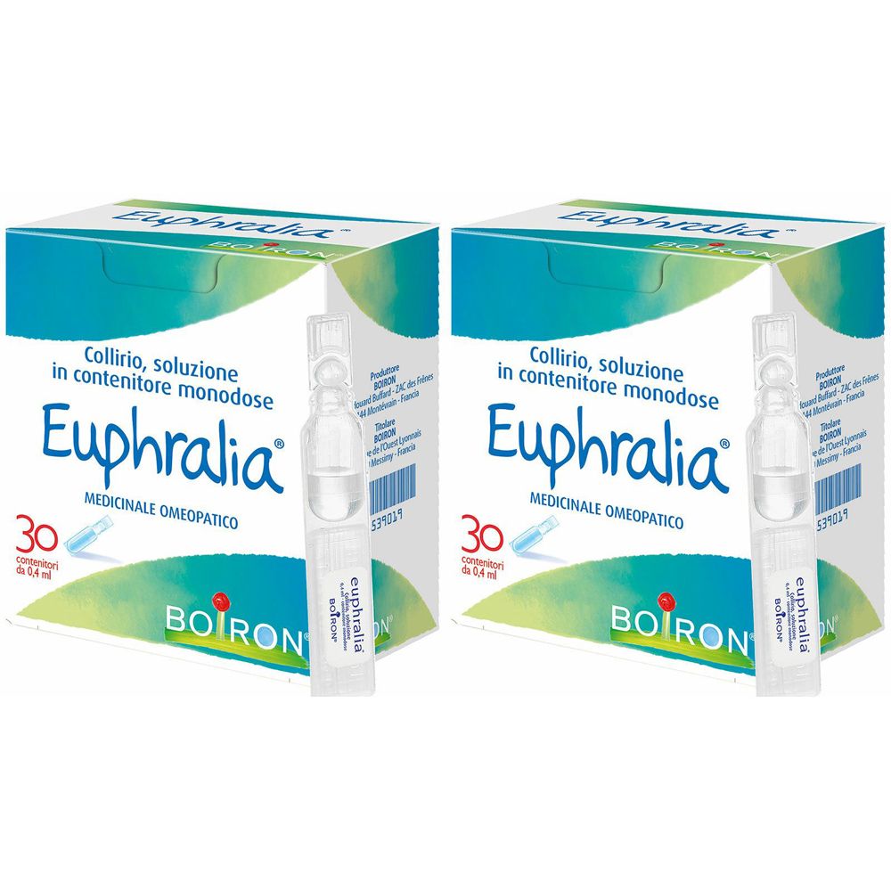 Due confezioni di collirio Euphralia, 30 monodose ciascuna. Scritta: Euphralia, BOIRON. Prodotto medico.