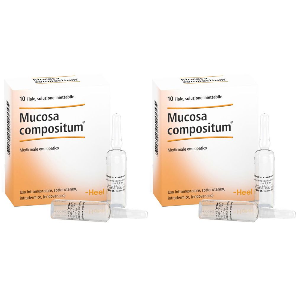 Due confezioni di Mucosa compositum con fiale. Scritta: 10 Fiale, soluzione iniettabile. Fiale mediche.