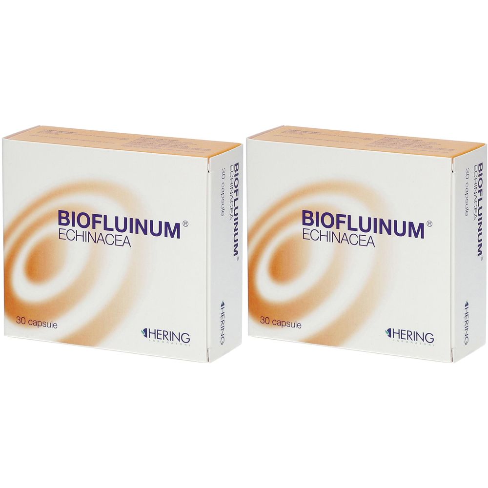 Due scatole bianche con BIOFLUINUM ECHINACEA. Ogni scatola indica 30 capsule e HERING.