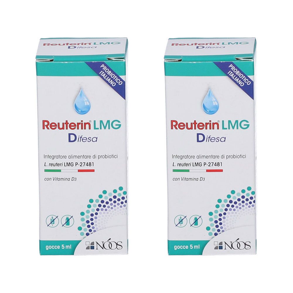 Due confezioni di Reuterin LMG Difesa. Scritta: Probiotico Italiano, simbolo goccia, testo e logo. 5 ml.