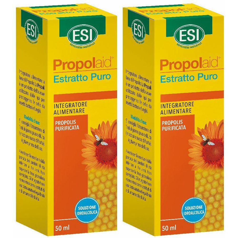 Due scatole gialle con etichetta "Propolaid Estratto Puro". Scritte: "ESI", "Integratore Alimentare", "Propolis Purificata".