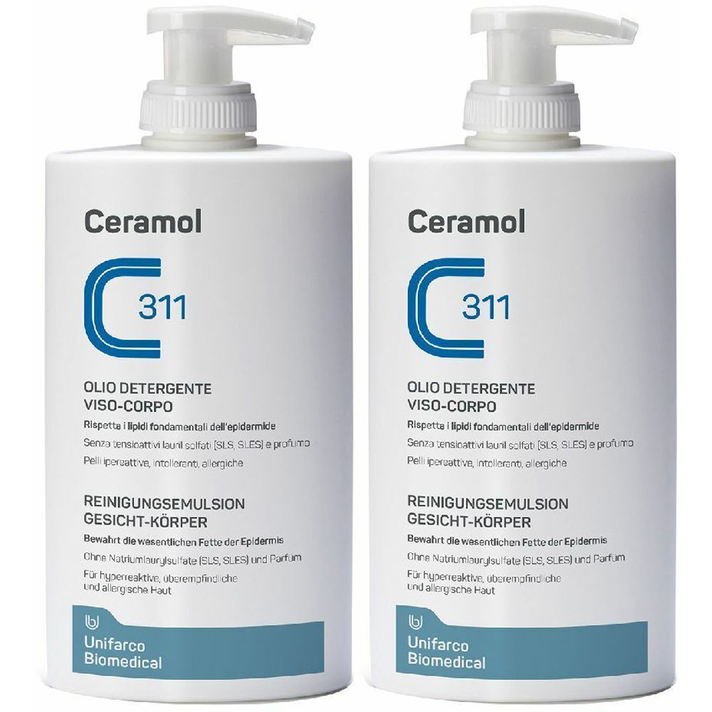 Due flaconi bianchi con dosatore a pompa. Su ogni flacone, la scritta "Ceramol C 311" e "Olio Detergente Viso-Corpo".