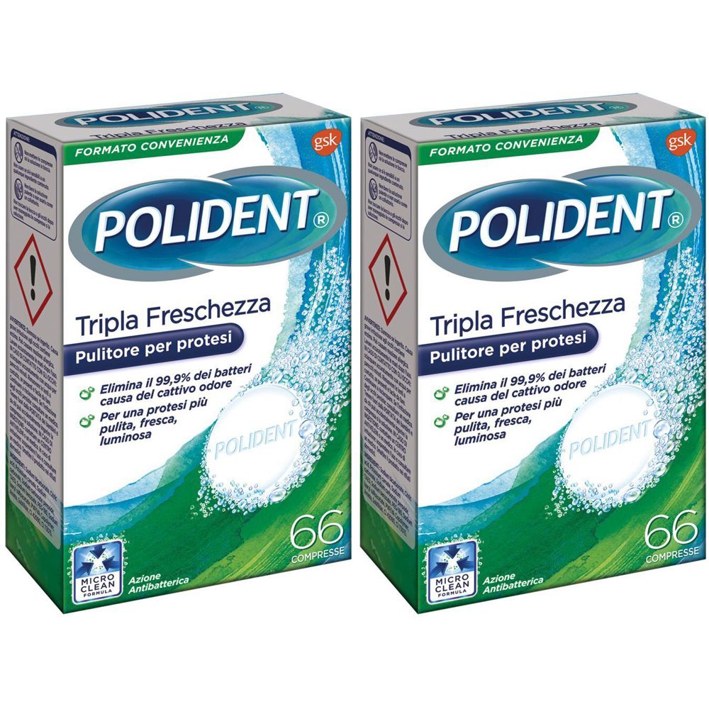 Due confezioni di Polident Tripla Freschezza, pulitore per protesi. Ogni confezione contiene 66 compresse. Scritta: « Elimina il 99,9% dei batteri causa del cattivo odore ».