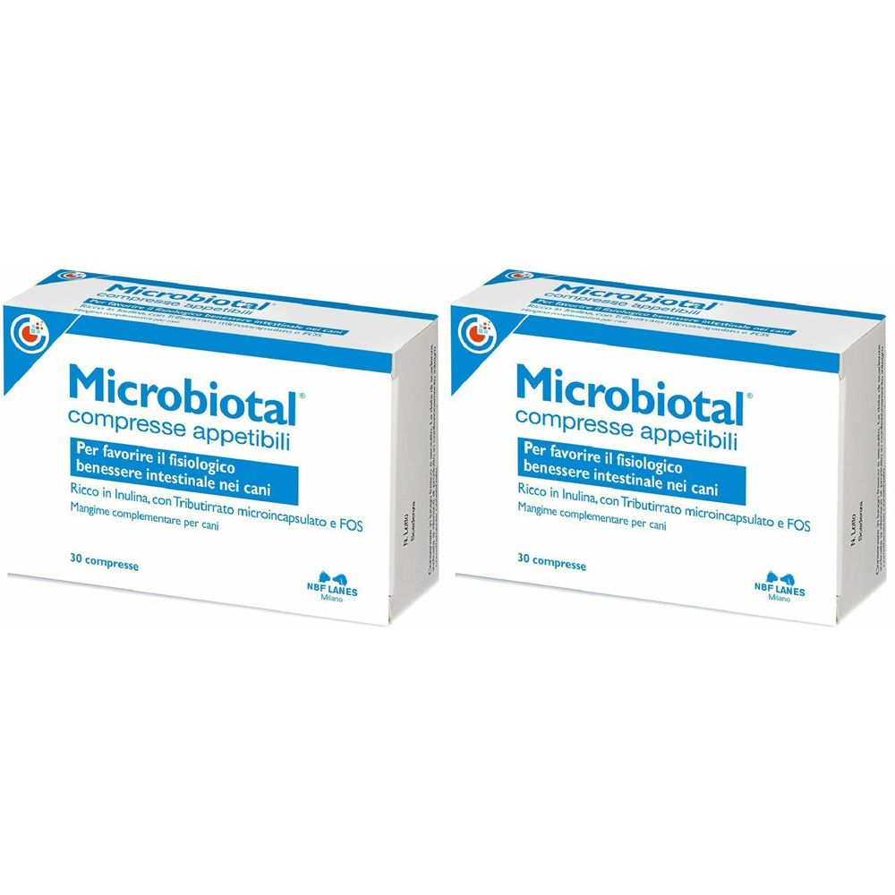 Due scatole di compresse "Microbiotal" per cani. Confezione blu e bianca con testo. 30 compresse per scatola.