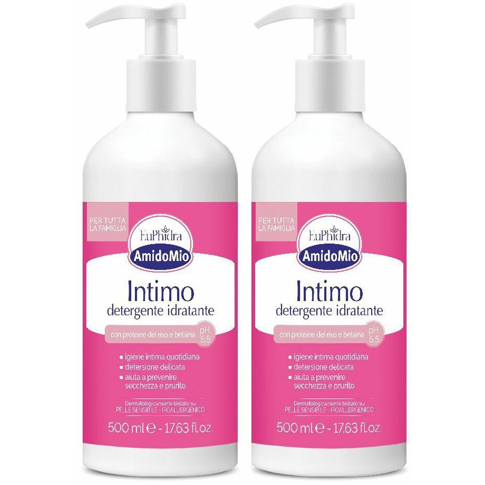 Due flaconi bianchi con etichetta rosa. Scritto: Intimo detergente idratante. Con dosatore.