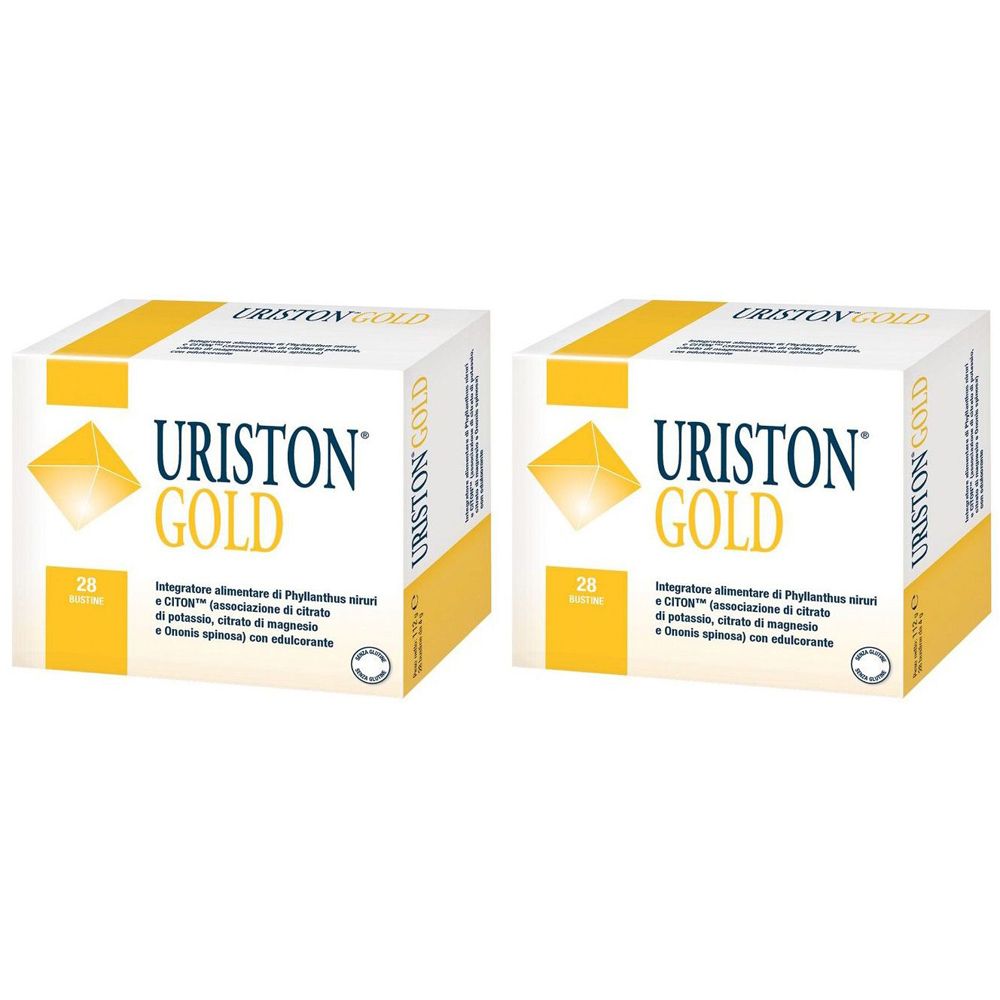 Due scatole di "URISTON GOLD". Confezione gialla e bianca. Testo in italiano. Contiene 28 bustine.
