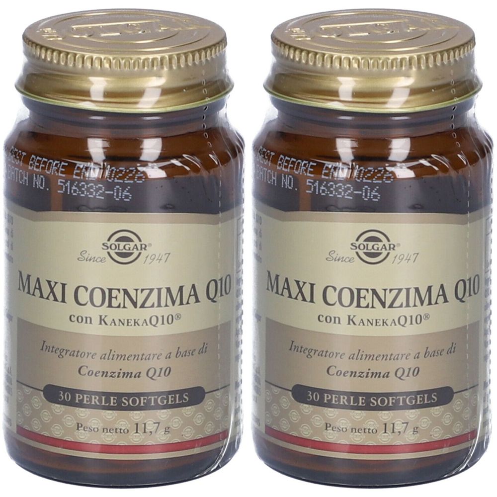 Due bottiglie di vetro marrone con tappi dorati. Le etichette riportano "MAXI COENZIMA Q10" e "30 PERLE SOFTGELS".