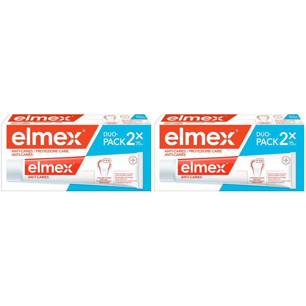 Due confezioni di dentifricio elmex® Anti-Caries. Duo-Pack da 2 tubi. Confezione rossa e bianca con nome e logo del prodotto.