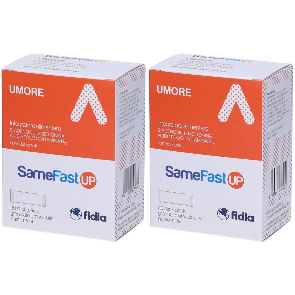 Due scatole bianche con scritte "UMORE" e "SameFast UP". Le scatole presentano loghi e informazioni sul prodotto.