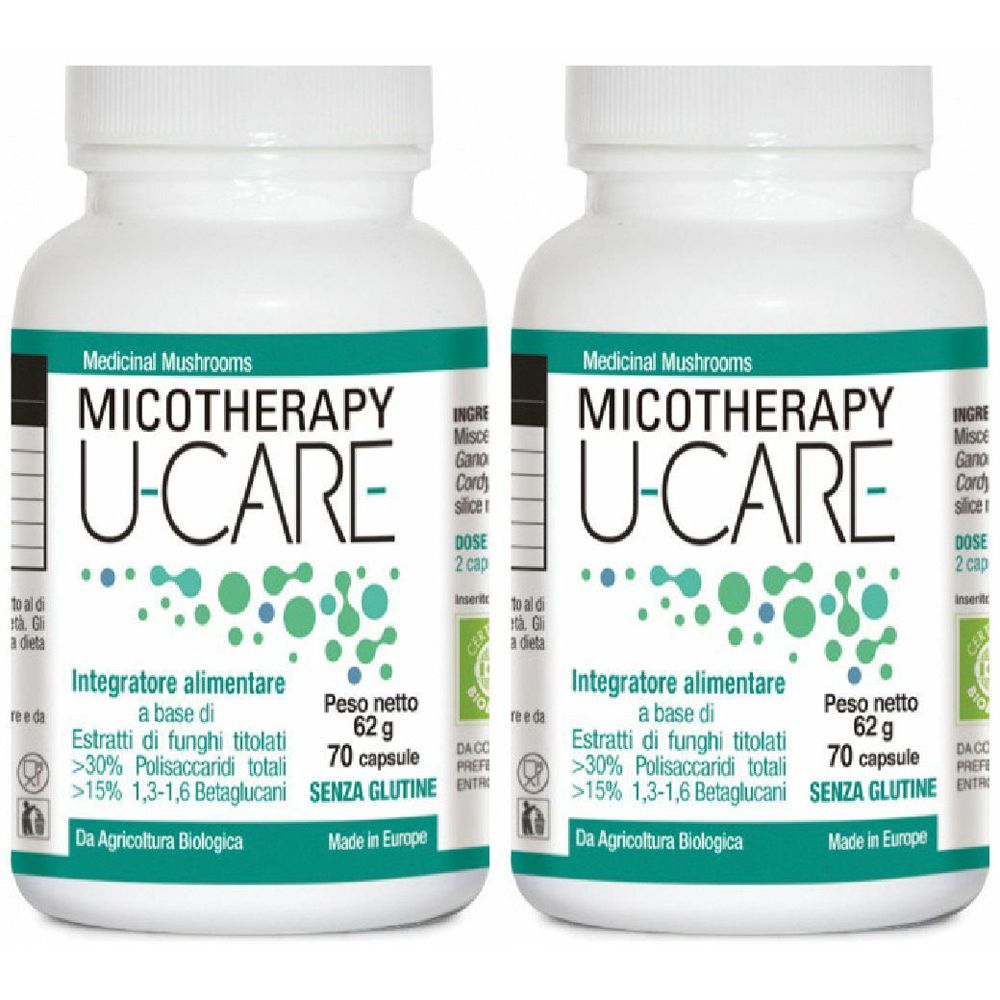 Due flaconi bianchi di capsule. Scritta: MICOTHERAPY U-CARE, 70 capsule, senza glutine. Con marchio biologico e informazioni.