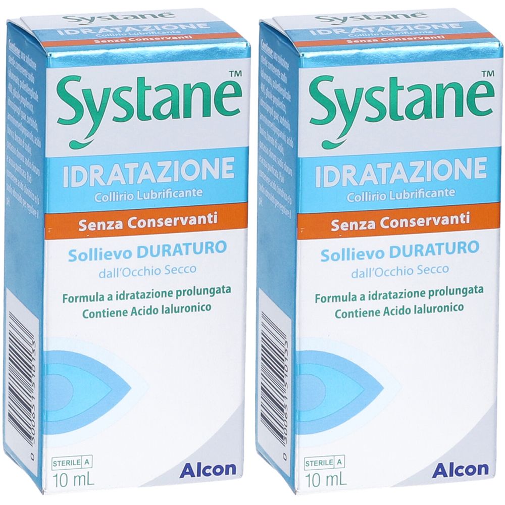 Due confezioni di Systane, collirio idratante senza conservanti. Confezione blu e bianca con informazioni sul prodotto e logo Alcon.